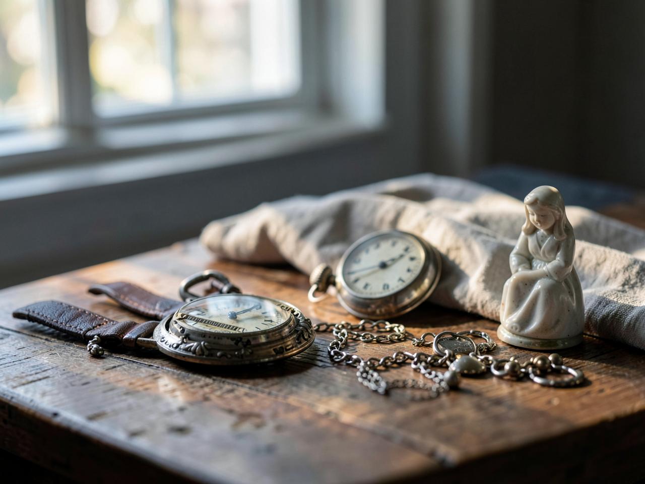 Sorgsam gesicherte Wertgegenstände: Taschenuhr, Schmuck und Porzellanfigur auf einem Holztisch